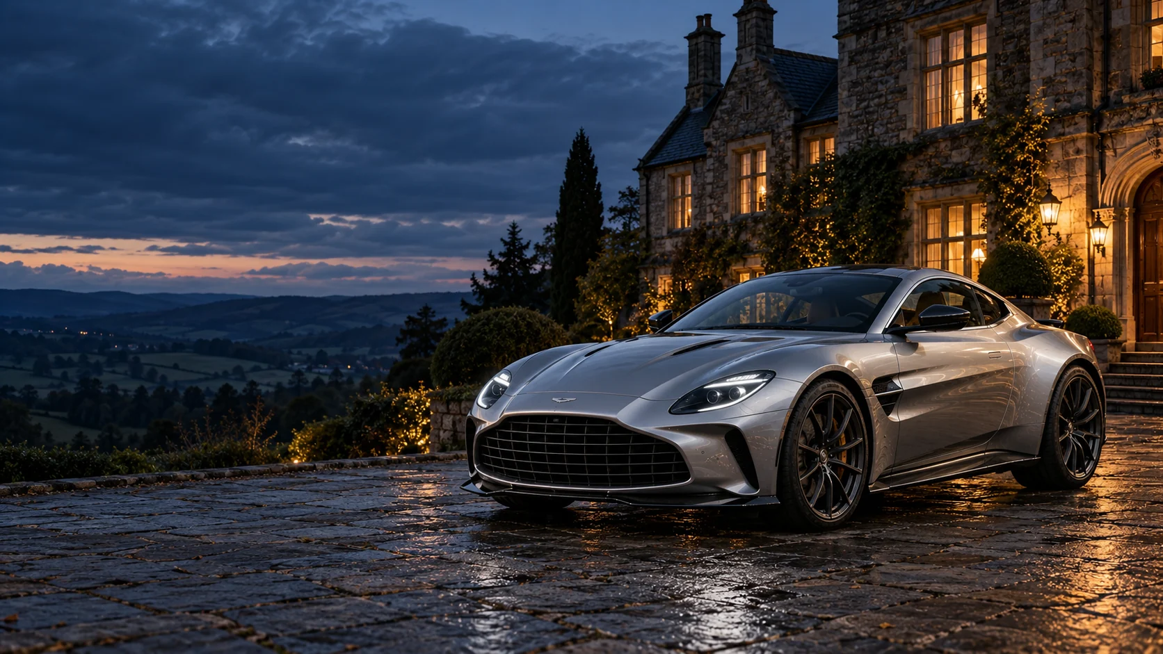 Silberner Aston Martin Vantage vor einem britischen Herrenhaus bei Abendlicht – KI-Visualisierung