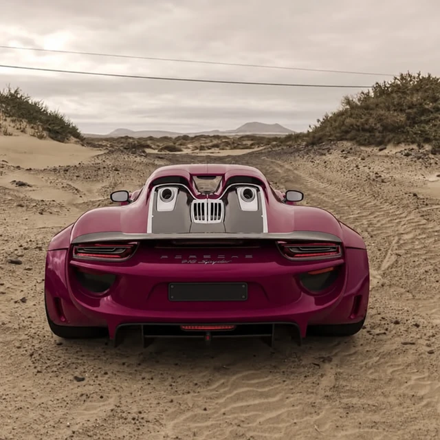 Heckansicht eines violetten Porsche 918 Spyder an der Küste