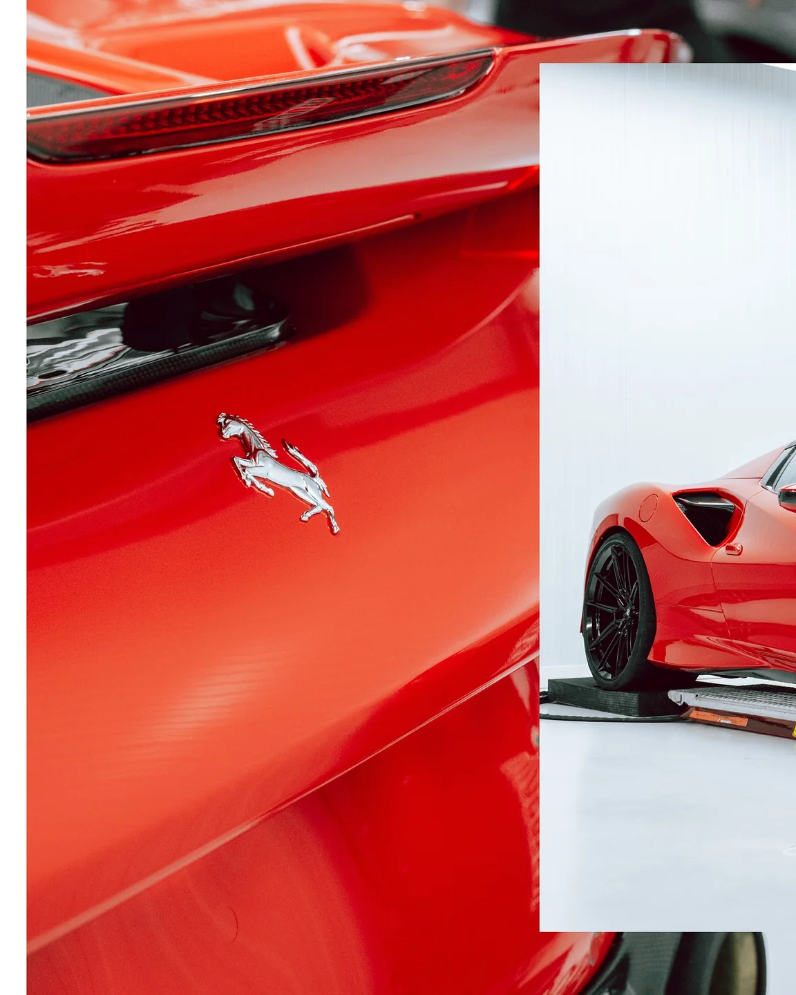 Collage aus Ferrari-Emblem am roten Heck und seitlicher Ansicht des Ferrari F8 Spider
