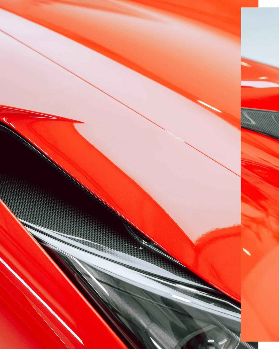 Collage mit Scheinwerferkante und roter Haube des Ferrari F8 Spider