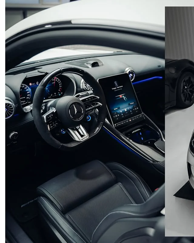 Cockpit des Mercedes-AMG GT 63 S mit AMG-Lenkrad, schwarzem Ledersitz und zentralem Bildschirm