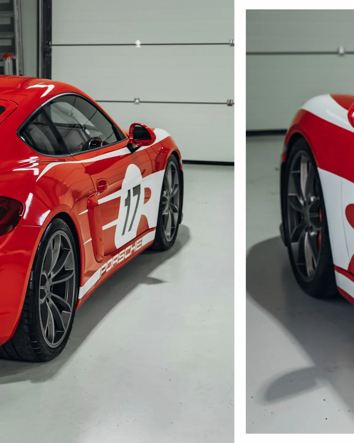 Collage aus Seitenansichten des roten Cayman GT4 mit Startnummer 17 und dunklen Mehrspeichenrädern