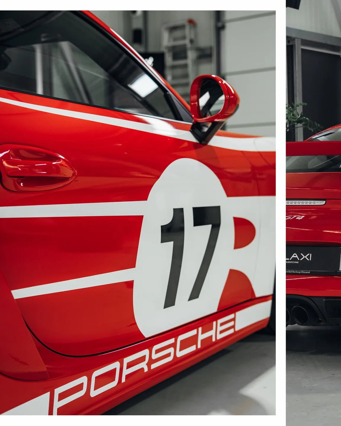 Collage mit Startnummer 17 auf der roten Tür und einem Ausschnitt des Porsche-GT4-Hecks