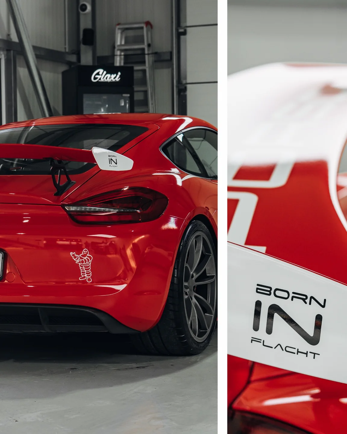 Collage mit Heckansicht des roten Cayman GT4 und Born-in-Flacht-Logo auf dem Flügelabschluss