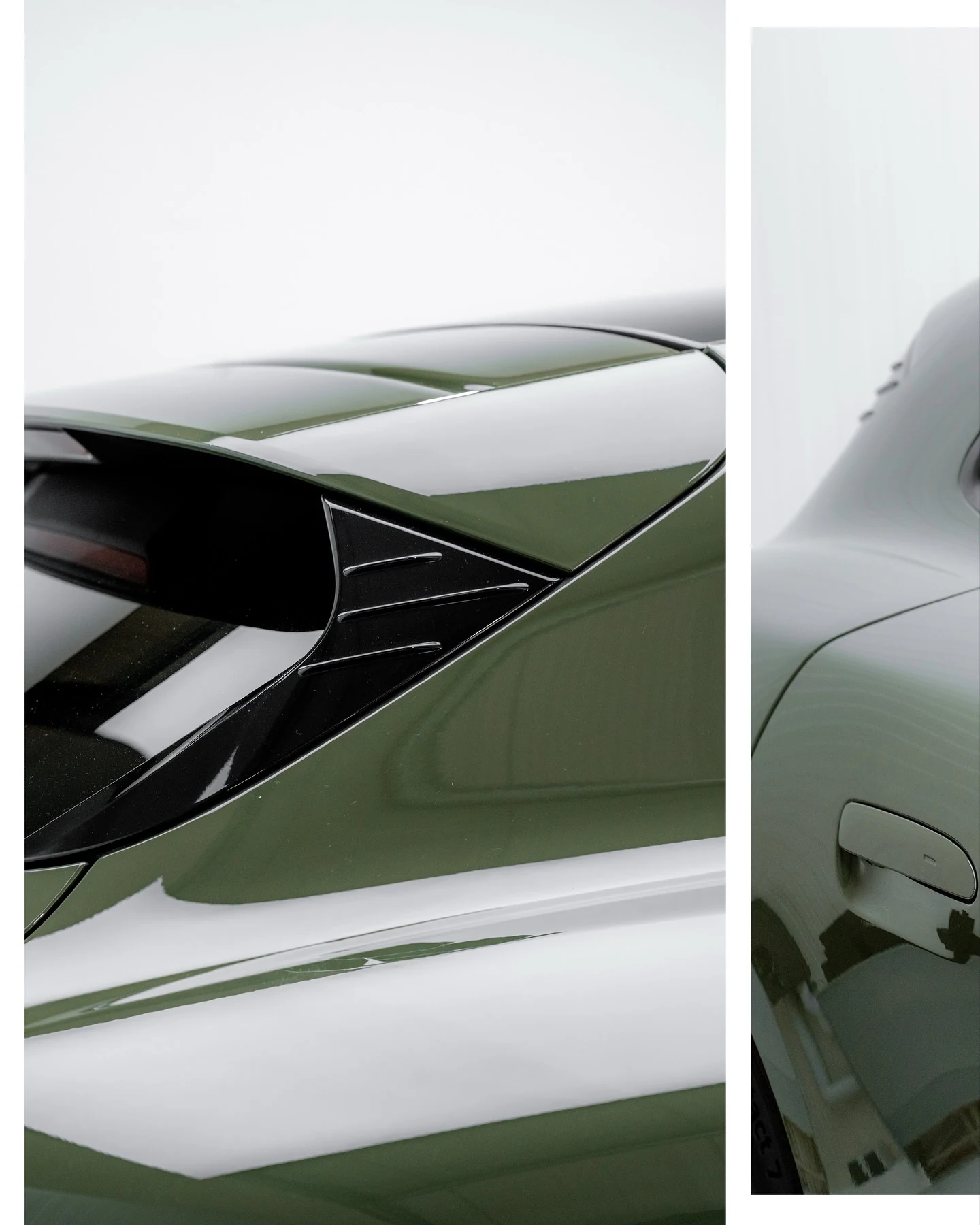 Scheinwerfer und grüne Karosseriedetails des Porsche Taycan Turbo S – GLAXI-Originalcollage