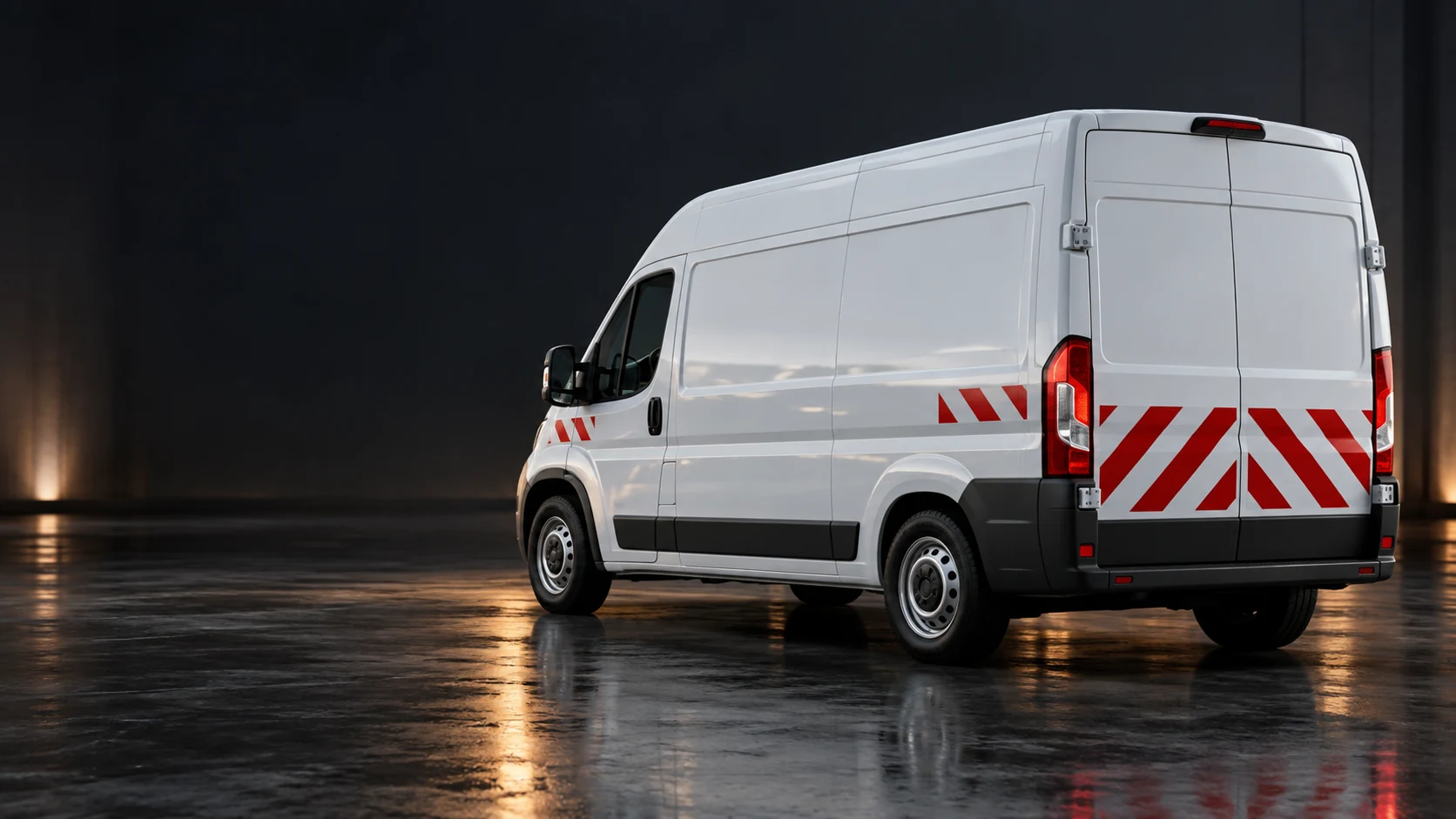 Illustrativer weißer Transporter mit Warnflächen in einer dunklen Industrieumgebung