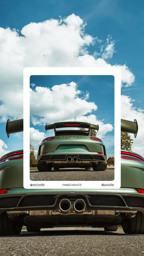 Original-Reelvorschaubild mit grünem Porsche 911 GT3 aus tiefer Heckperspektive; die gestaltete Bildcollage trägt die Signatur FMBS CARSHOTS.