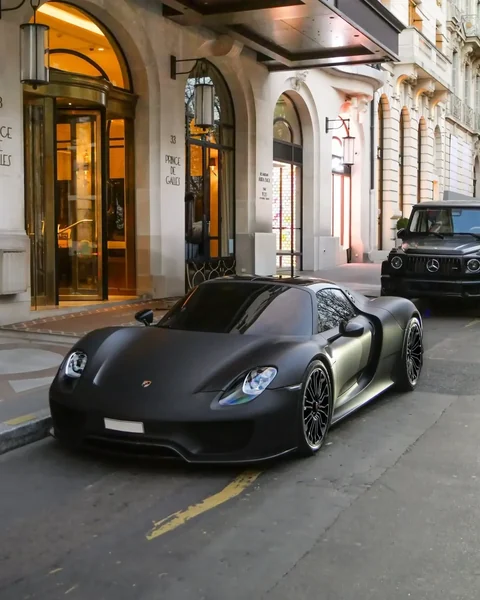 Mattschwarzer Porsche 918 Spyder schräg von vorn vor einem beleuchteten Hoteleingang. Fotoangaben im Original: @inph.otographe und @_simplyaxel.