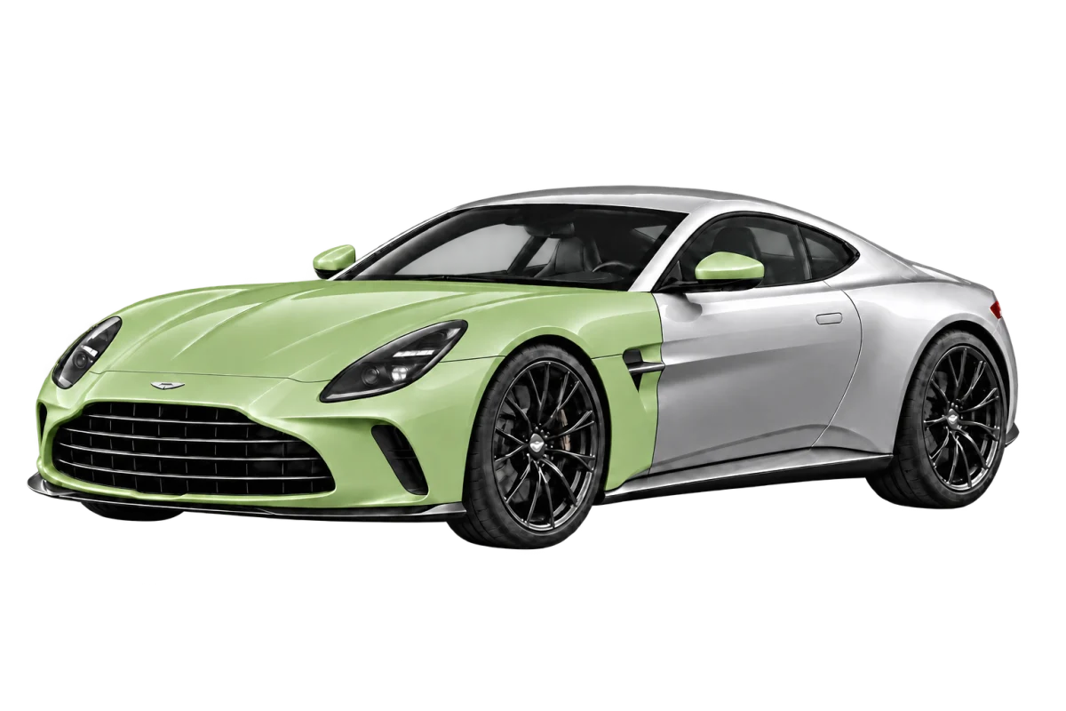 Aston Martin V8 Vantage – Frontpaket: Front, ganze Haube, vordere Kotflügel und lackierte Spiegelbereiche salbeigrün markiert. Illustration der Schutzbereiche.