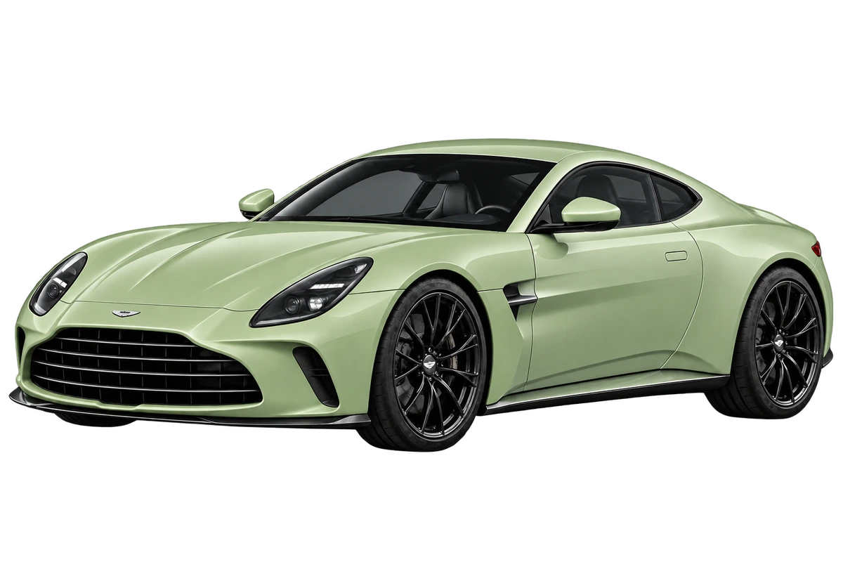 Aston Martin V8 Vantage – Fullbody: lackierte Karosserieflächen rundum salbeigrün markiert. Illustration der Schutzbereiche.