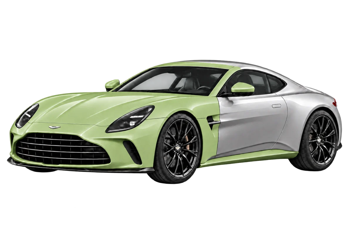 Aston Martin V8 Vantage – individuelle Teilfolierung: Frontpaket, komplette Schweller, A-Säulen und Dachansatz in Salbeigrün. Illustration der Schutzbereiche.
