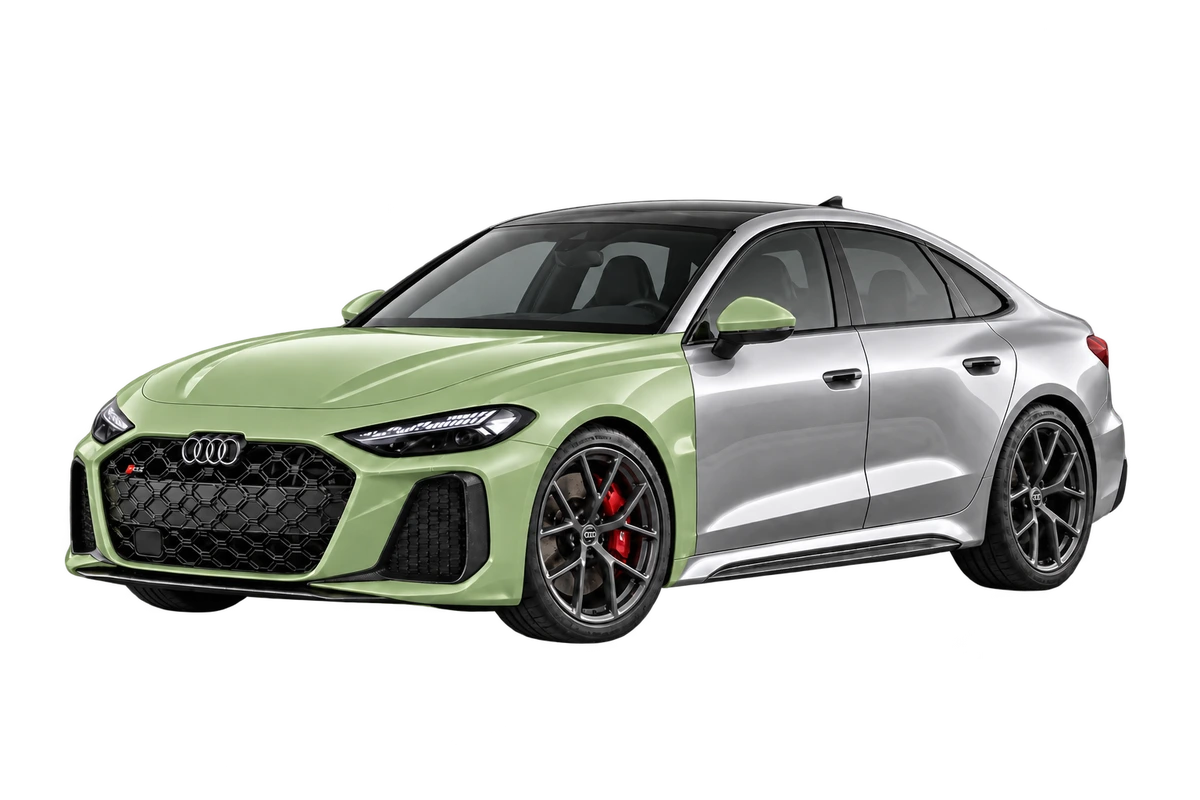 Audi RS 5 Limousine – Frontpaket: Front, ganze Haube, vordere Kotflügel und lackierte Spiegelbereiche salbeigrün markiert. Illustration der Schutzbereiche.