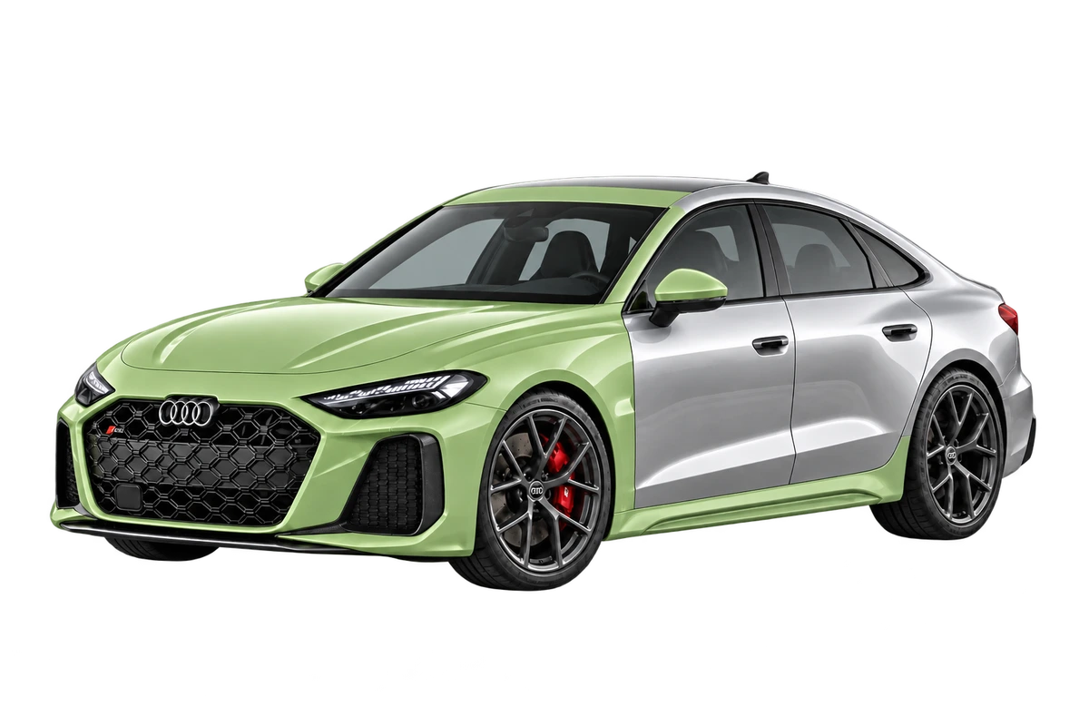 Audi RS 5 Limousine – individuelle Teilfolierung: Frontpaket, komplette Schweller, A-Säulen und Dachansatz in Salbeigrün. Illustration der Schutzbereiche.
