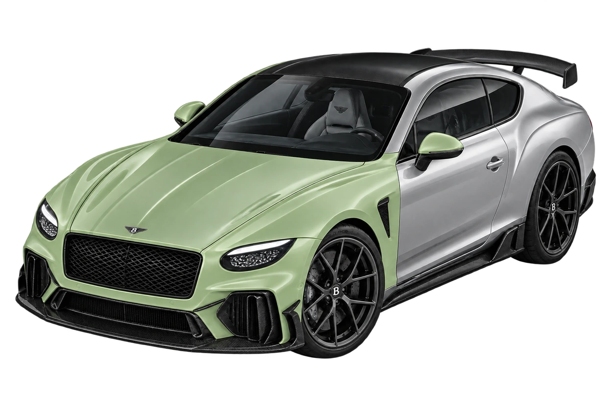 Bentley Supersports – Design Themes by Mulliner, silberne Illustration – Frontpaket: Front, ganze Haube, vordere Kotflügel und lackierte Spiegelbereiche salbeigrün markiert. Illustration der Schutzbereiche.