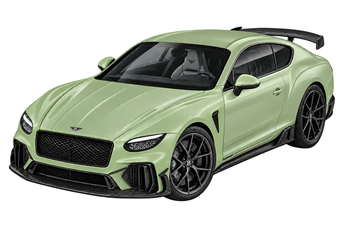 Bentley Supersports – Design Themes by Mulliner, silberne Illustration – Fullbody: lackierte Karosserieflächen rundum salbeigrün markiert. Illustration der Schutzbereiche.