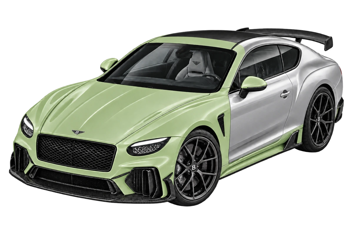 Bentley Supersports – individuelle Teilfolierung: Frontpaket, komplette Schweller, A-Säulen und Dachansatz in Salbeigrün. Illustration der Schutzbereiche.