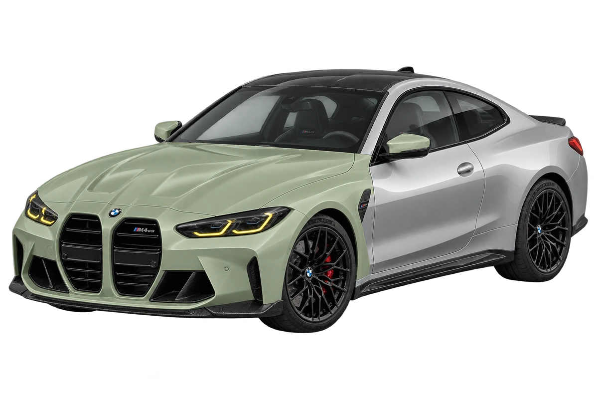 BMW M4 CS – Frontpaket: Front, ganze Haube, vordere Kotflügel und lackierte Spiegelbereiche salbeigrün markiert. Illustration der Schutzbereiche.