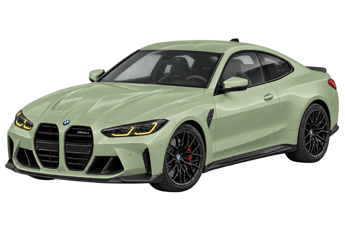 BMW M4 CS – Fullbody: lackierte Karosserieflächen rundum salbeigrün markiert. Illustration der Schutzbereiche.