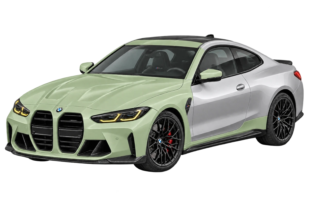 BMW M4 CS – individuelle Teilfolierung: Frontpaket, komplette Schweller, A-Säulen und Dachansatz in Salbeigrün. Illustration der Schutzbereiche.