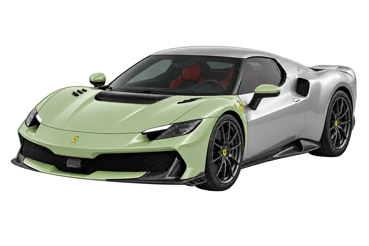 Ferrari 296 Speciale – Frontpaket: Front, ganze Haube, vordere Kotflügel und lackierte Spiegelbereiche salbeigrün markiert. Illustration der Schutzbereiche.