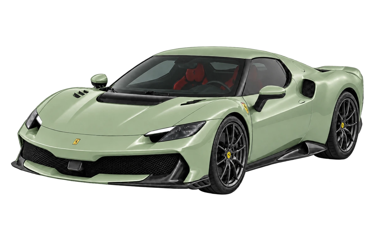 Ferrari 296 Speciale – Fullbody: lackierte Karosserieflächen rundum salbeigrün markiert. Illustration der Schutzbereiche.
