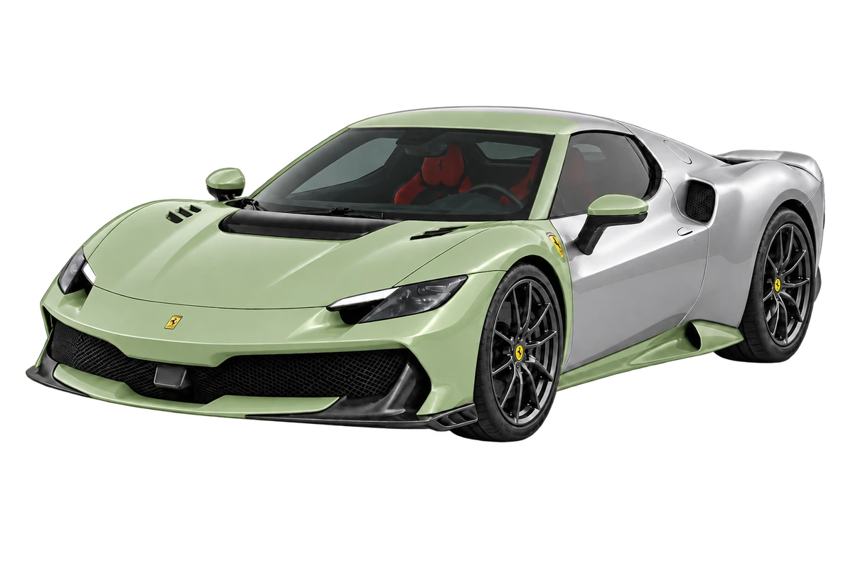 Ferrari 296 Speciale – individuelle Teilfolierung: Frontpaket, komplette Schweller, A-Säulen und Dachansatz in Salbeigrün. Illustration der Schutzbereiche.