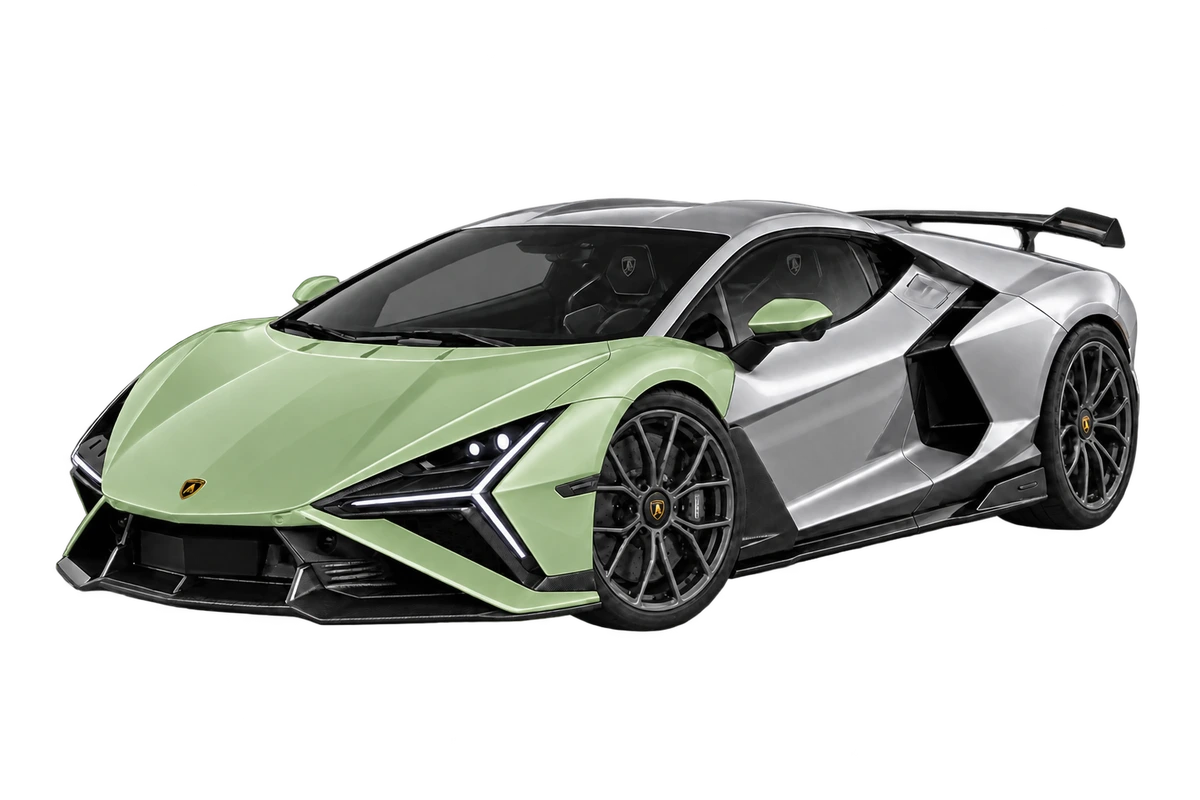 Lamborghini Revuelto SV – Frontpaket: Front, ganze Haube, vordere Kotflügel und lackierte Spiegelbereiche salbeigrün markiert. Illustration der Schutzbereiche.