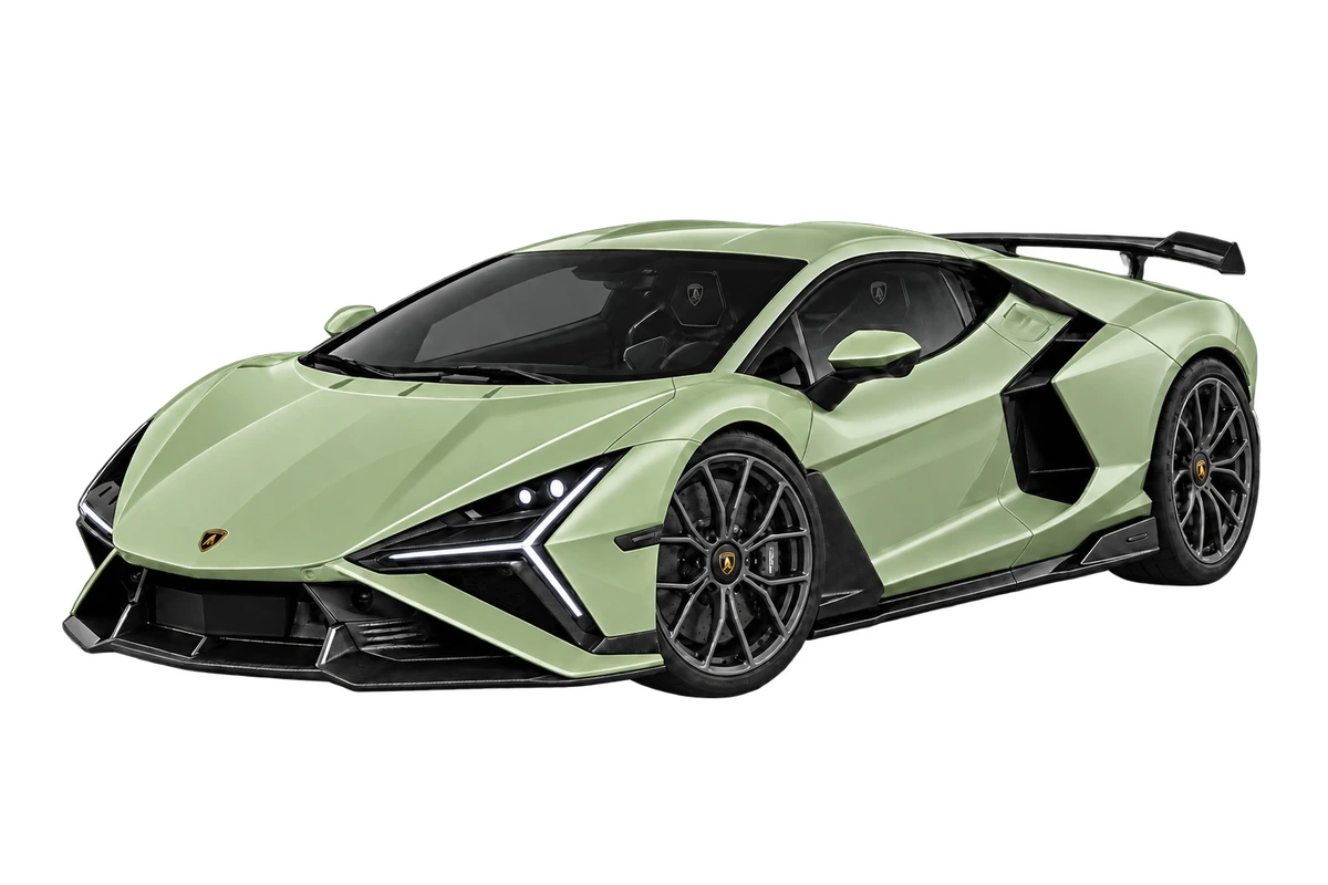 Lamborghini Revuelto SV – Fullbody: lackierte Karosserieflächen rundum salbeigrün markiert. Illustration der Schutzbereiche.