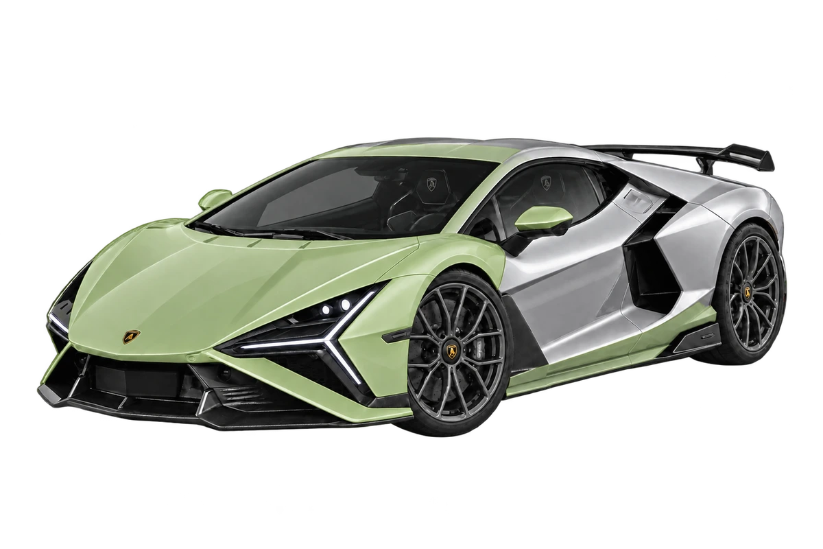 Lamborghini Revuelto SV – individuelle Teilfolierung: Frontpaket, komplette Schweller, A-Säulen und Dachansatz in Salbeigrün. Illustration der Schutzbereiche.