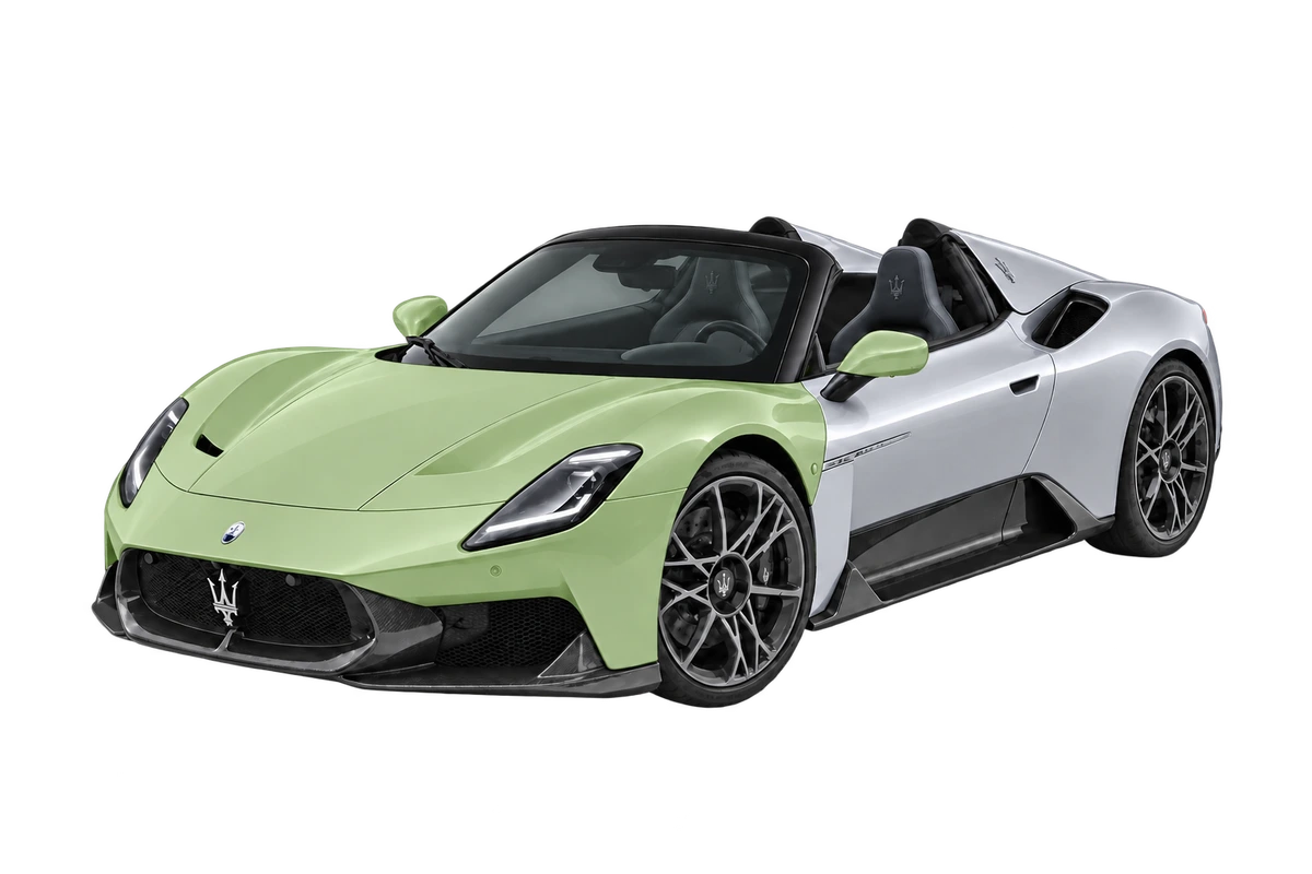 Maserati MCPURA Cielo – Frontpaket: Front, ganze Haube, vordere Kotflügel und lackierte Spiegelbereiche salbeigrün markiert. Illustration der Schutzbereiche.