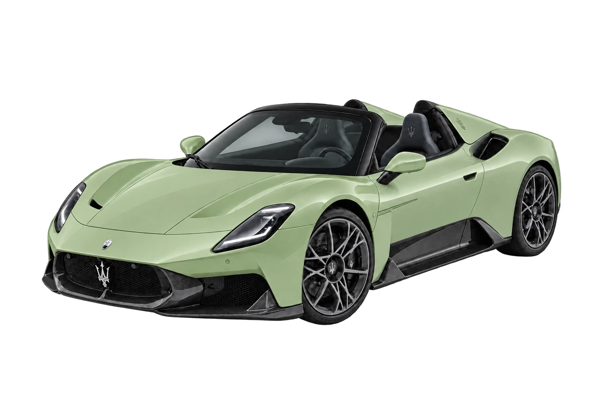 Maserati MCPURA Cielo – Fullbody: lackierte Karosserieflächen rundum salbeigrün markiert. Illustration der Schutzbereiche.