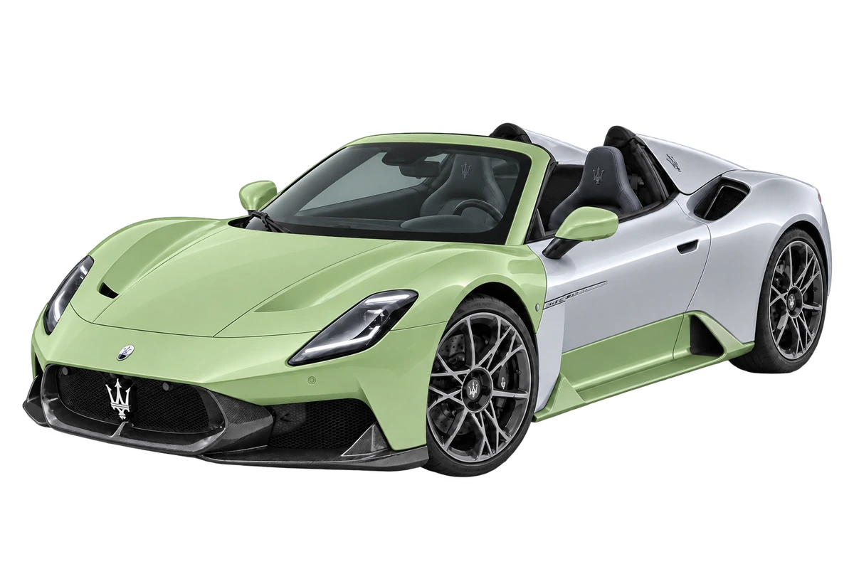 Maserati MCPURA Cielo – individuelle Teilfolierung: Frontpaket, komplette Schweller, A-Säulen und Dachansatz in Salbeigrün. Illustration der Schutzbereiche.