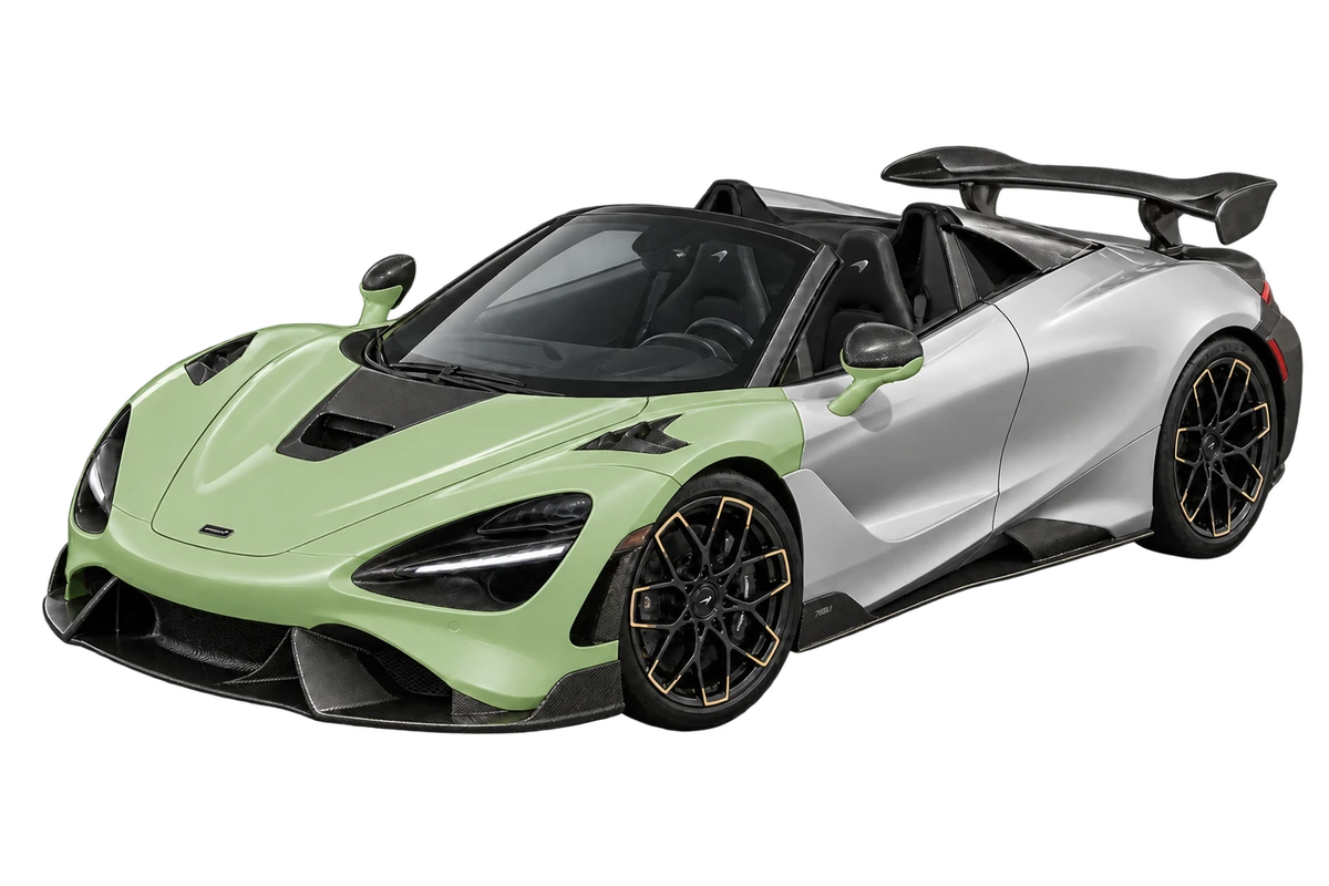 McLaren 788HS Spider – Frontpaket: Front, ganze Haube, vordere Kotflügel und lackierte Spiegelbereiche salbeigrün markiert. Illustration der Schutzbereiche.