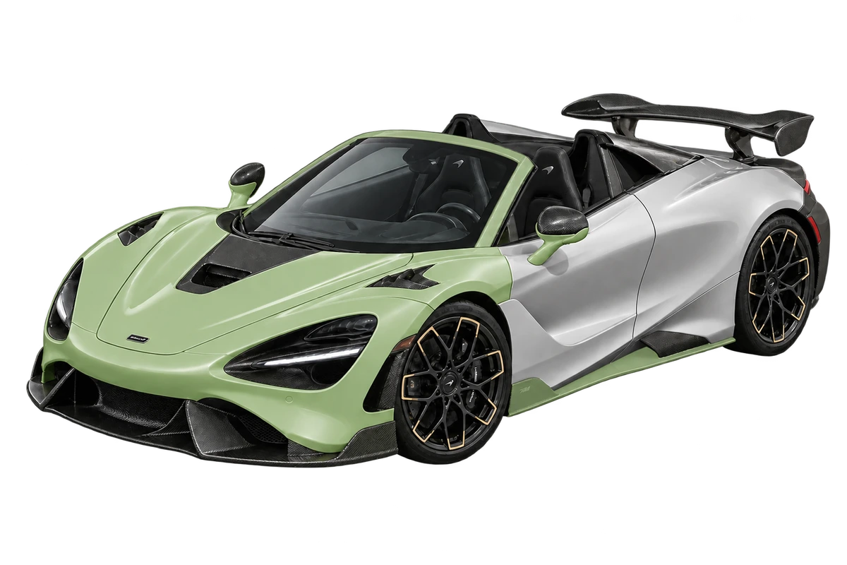 McLaren 788HS Spider – individuelle Teilfolierung: Frontpaket, komplette Schweller, A-Säulen und Dachansatz in Salbeigrün. Illustration der Schutzbereiche.