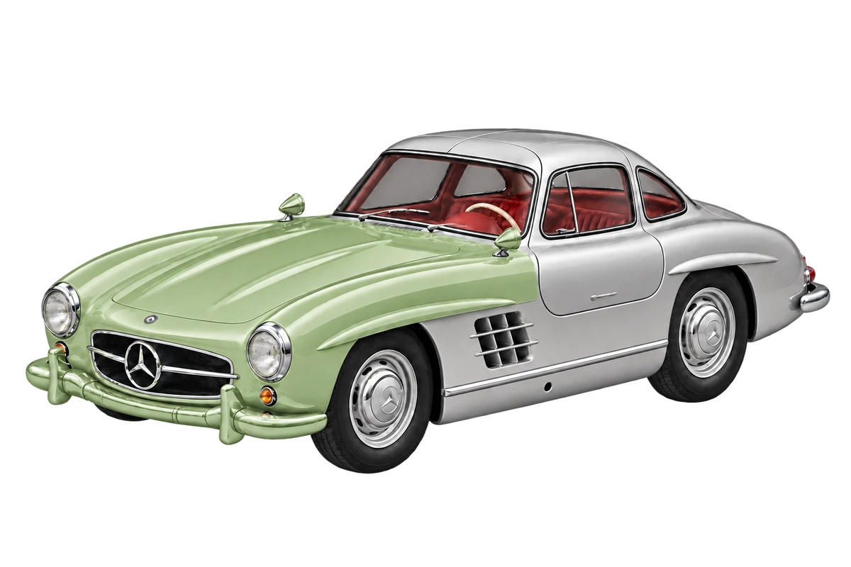Mercedes-Benz 300 SL Flügeltürer (W 198) – Frontpaket: Front, ganze Haube, vordere Kotflügel und lackierte Spiegelbereiche salbeigrün markiert. Illustration der Schutzbereiche.
