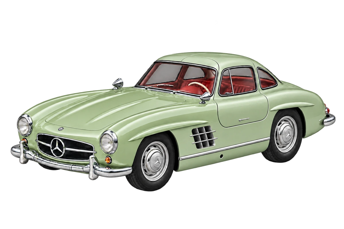 Mercedes-Benz 300 SL Flügeltürer (W 198) – Fullbody: lackierte Karosserieflächen rundum salbeigrün markiert. Illustration der Schutzbereiche.