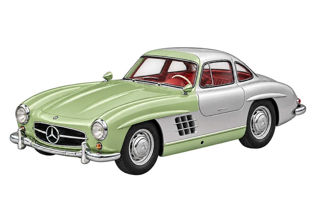 Mercedes-Benz 300 SL Flügeltürer (W 198) – individuelle Teilfolierung: Frontpaket, komplette Schweller, A-Säulen und Dachansatz in Salbeigrün. Illustration der Schutzbereiche.
