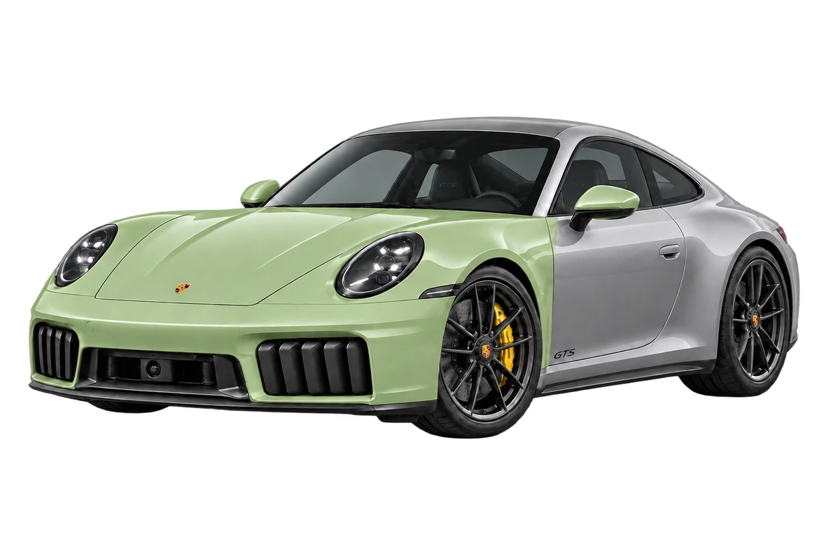 Porsche 911 Carrera 4 GTS (992.2) – Frontpaket: Front, ganze Haube, vordere Kotflügel und lackierte Spiegelbereiche salbeigrün markiert. Illustration der Schutzbereiche.