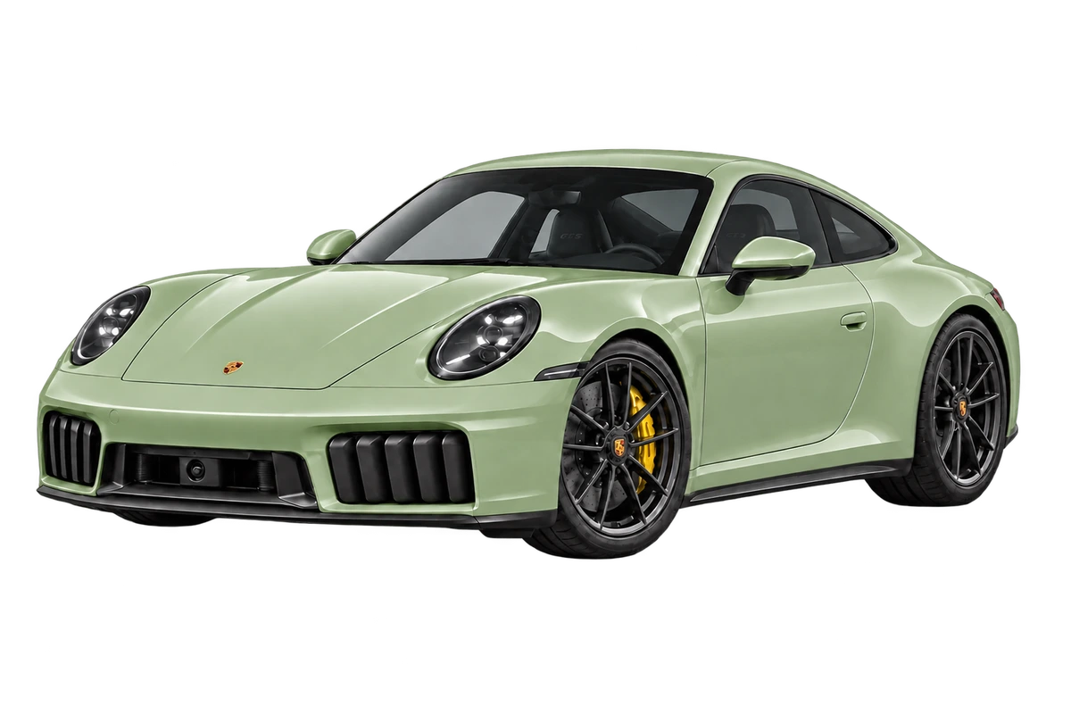 Porsche 911 Carrera 4 GTS (992.2) – Fullbody: lackierte Karosserieflächen rundum salbeigrün markiert. Illustration der Schutzbereiche.