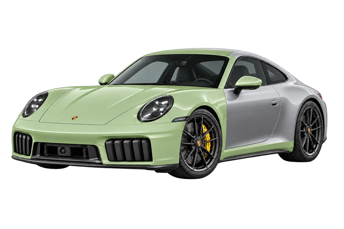 Porsche 911 Carrera 4 GTS (992.2) – individuelle Teilfolierung: Frontpaket, komplette Schweller, A-Säulen und Dachansatz in Salbeigrün. Illustration der Schutzbereiche.